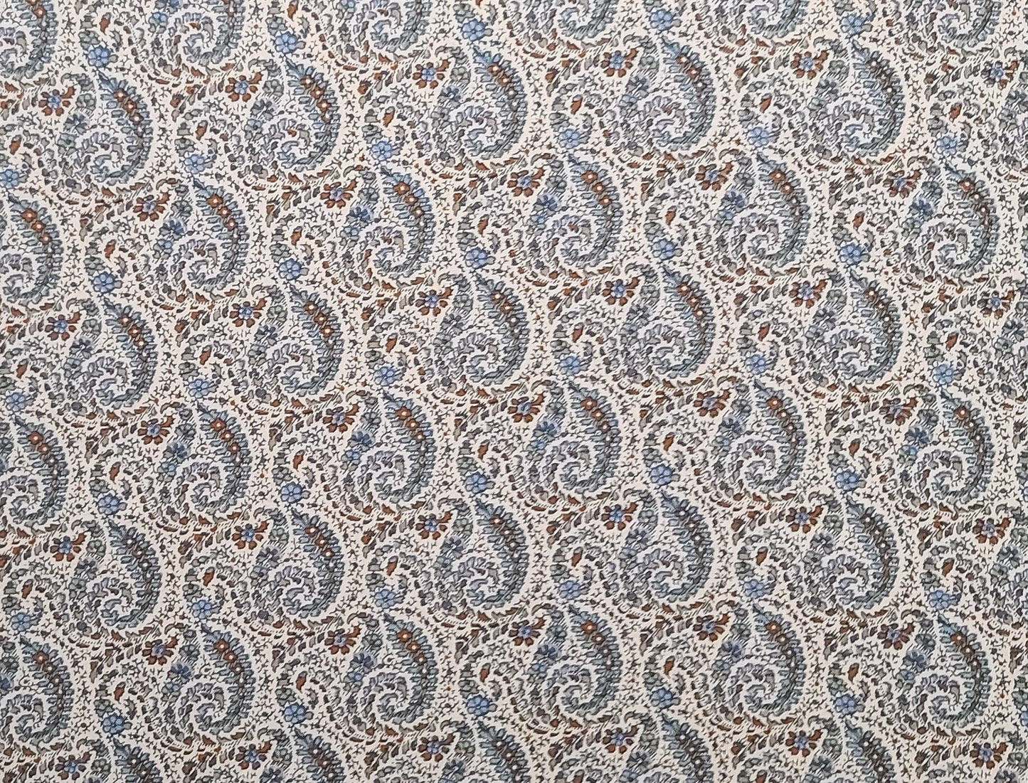 Brittany by RJR Fashion Fabrics - Cream Fabric / Vintage Blue, Rust, Gold Paisley Flower Print