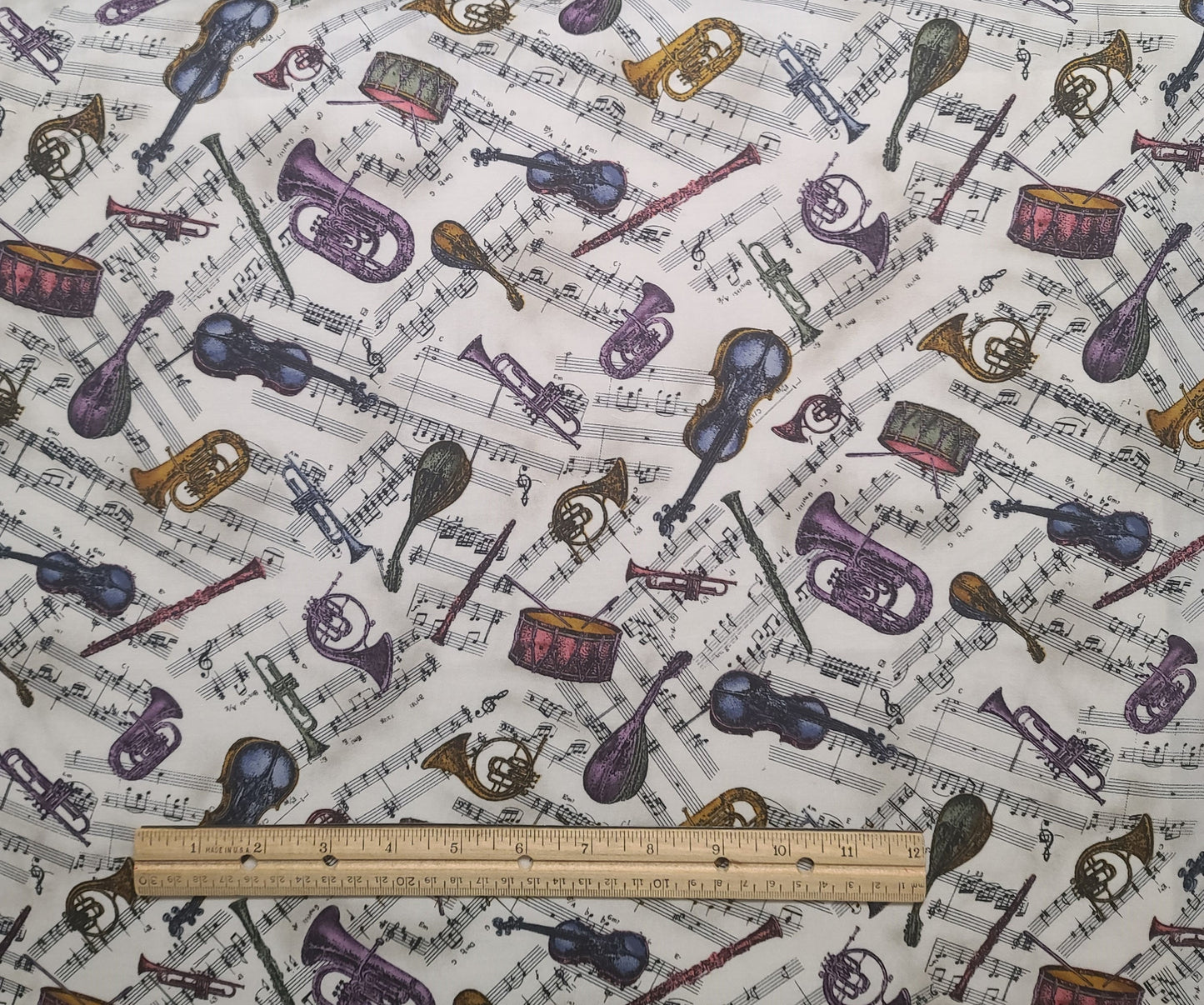 White, Gray Tonal Fabric / Gold, Purple, Blue, Green, Black Musicial Instruments and Sheet Music Print