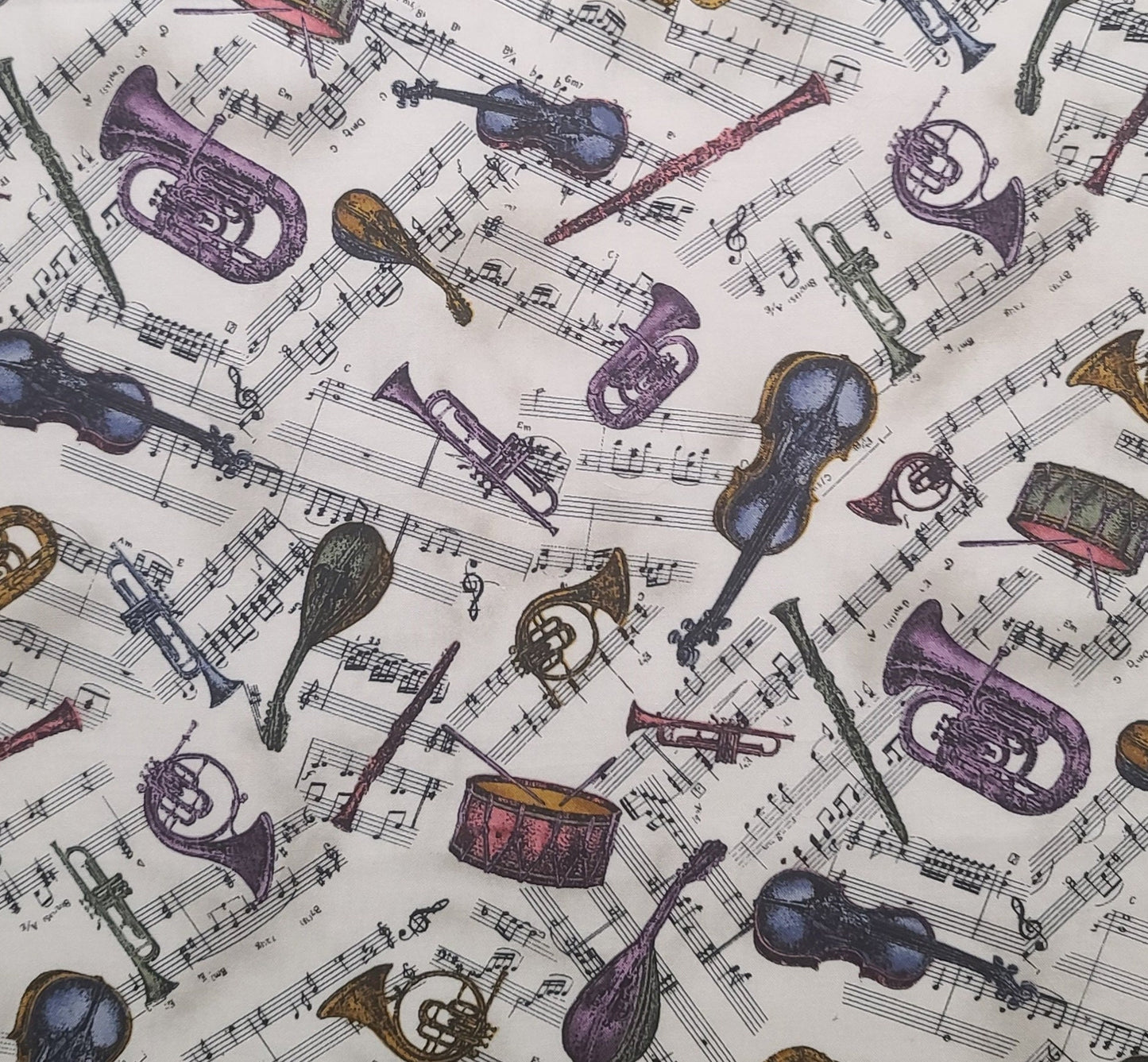 White, Gray Tonal Fabric / Gold, Purple, Blue, Green, Black Musicial Instruments and Sheet Music Print