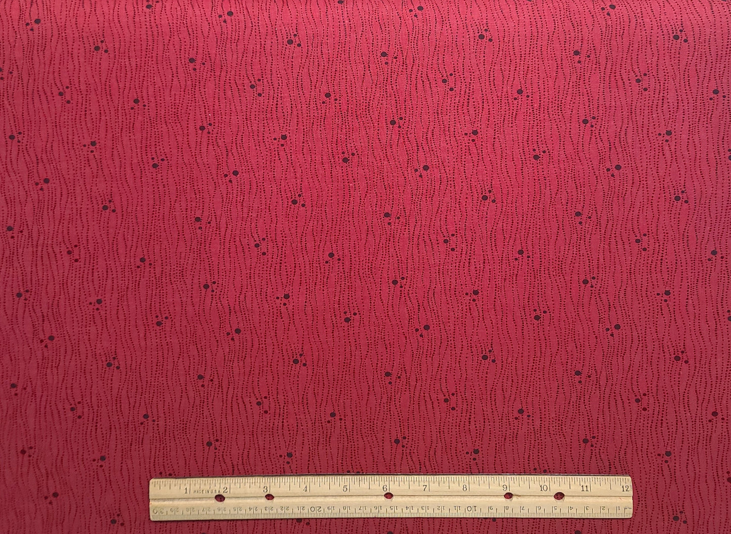 Red Fabric / Black Dot Wavy Vertical Stripe (Parallel to Selvage) Fabric