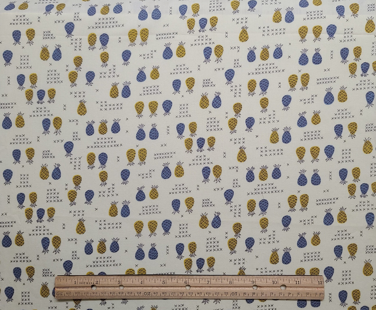 Vintage 36" WIDE Pale Yellow / Blue and Gold Pineapple Print