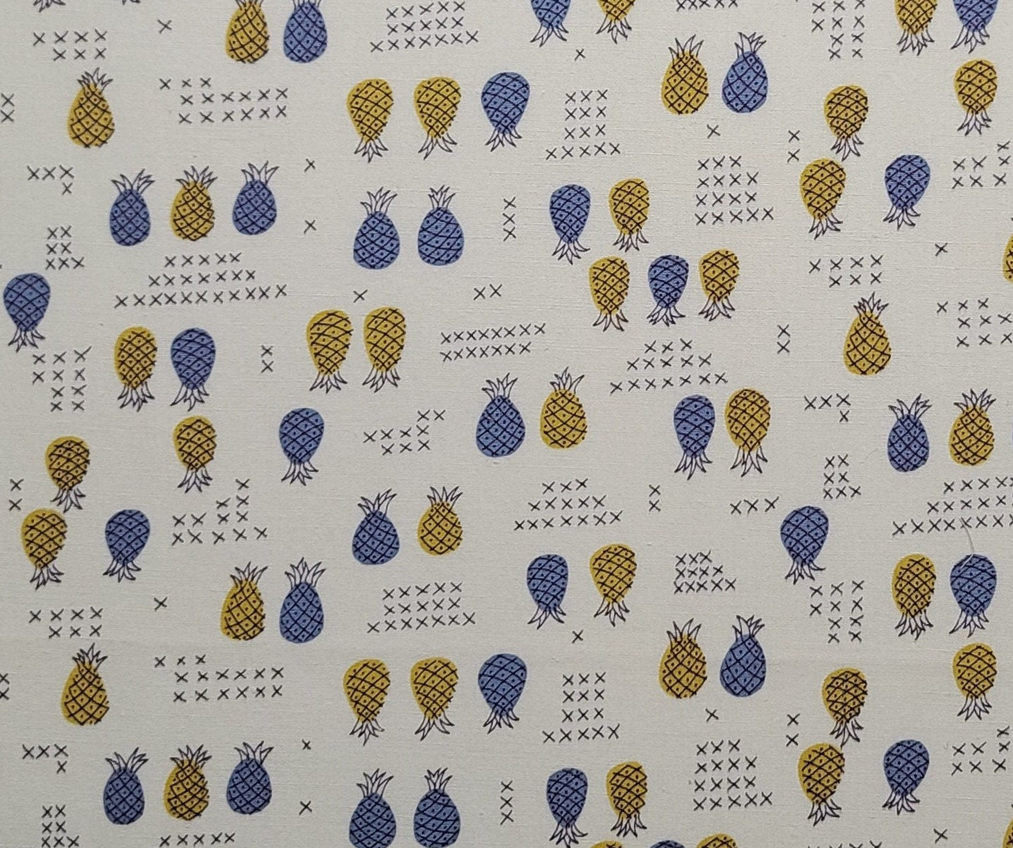 Vintage 36" WIDE Pale Yellow / Blue and Gold Pineapple Print