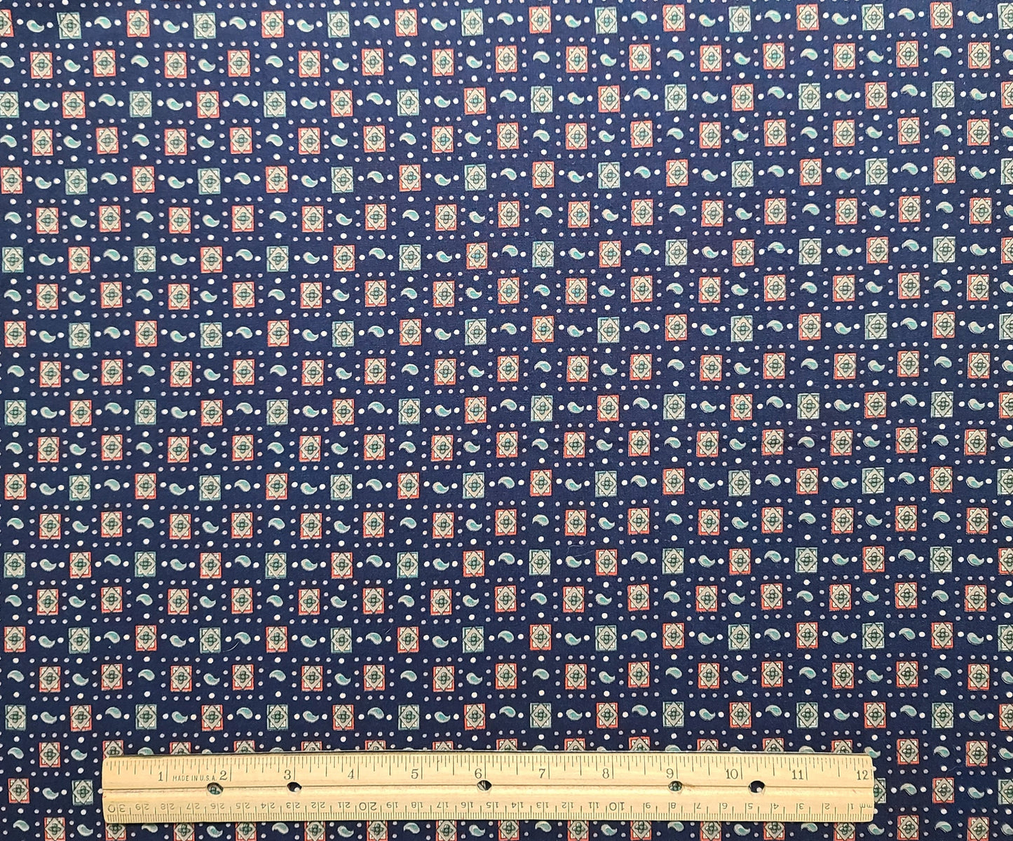 Dark Blue, Turquoise, Red, Tan Block and Paisley Print Fabric