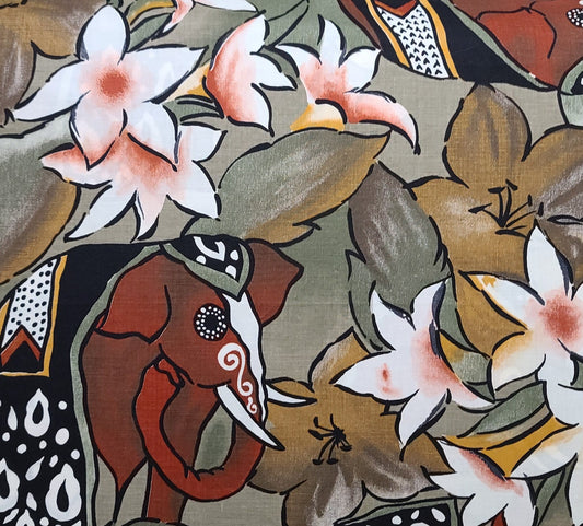 Cranston Printworks Schwartz Liebman Textiles - Khaki, Black, Taupe, White, Brick Red Elephant and Flower Print Fabric