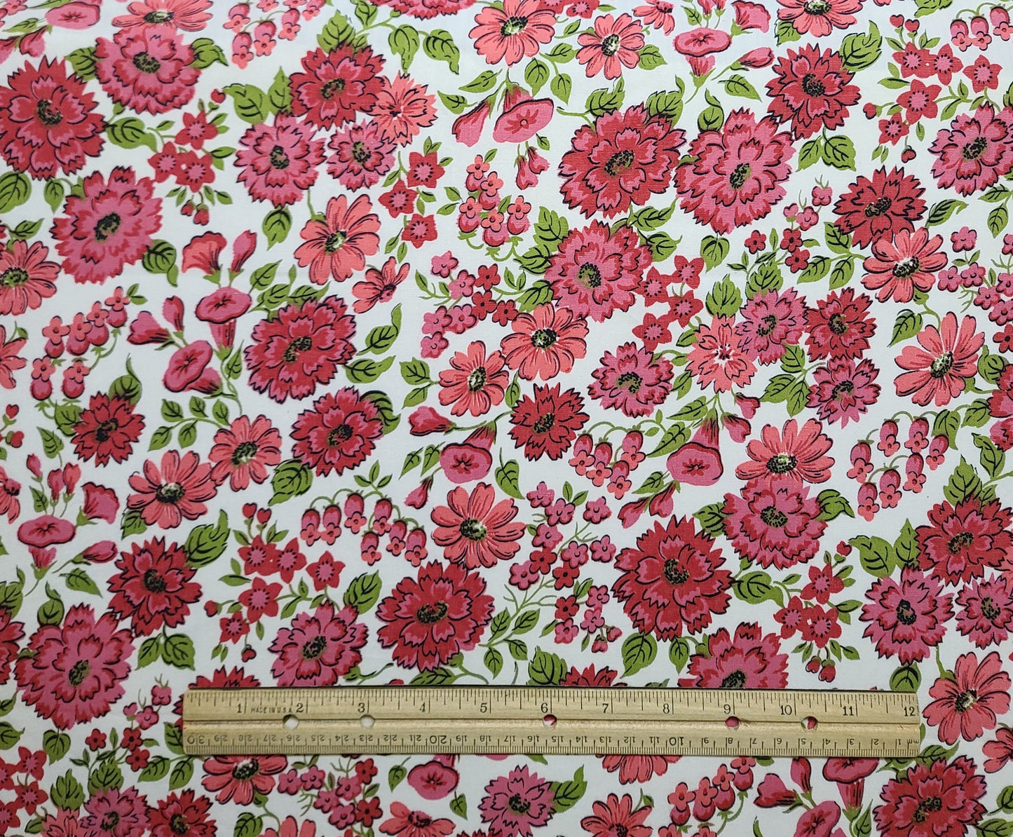 White Fabric / Pink, Green Flower Print - Selvage to Selvage Print