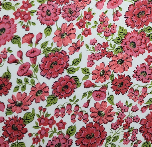 White Fabric / Pink, Green Flower Print - Selvage to Selvage Print