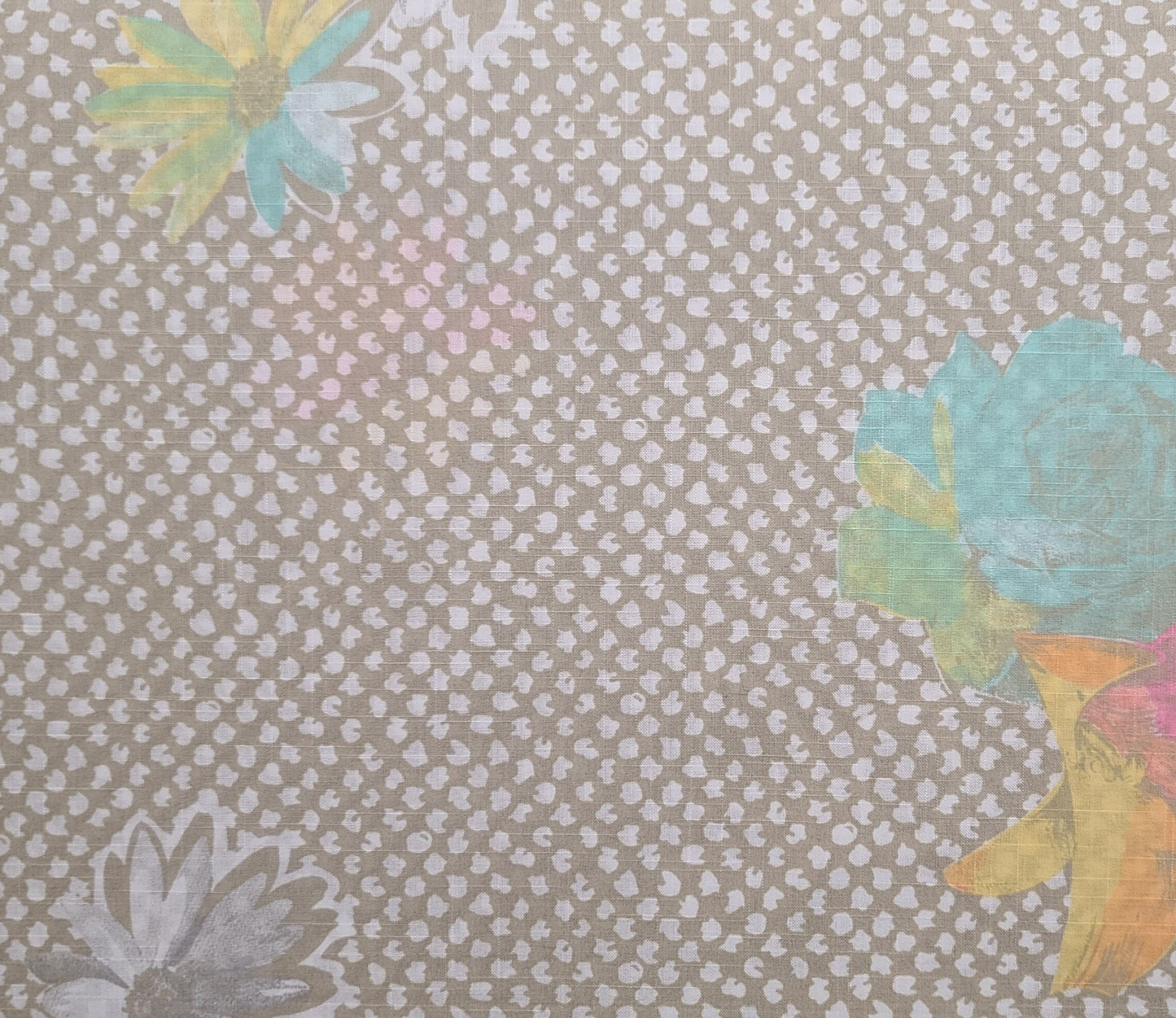 Wamsutta Linen Blend Fabric - Mushroom and White Fabric / White, Turquoise, Pink, Yellow Large Flower Print