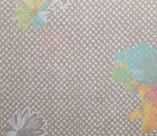 Wamsutta Linen Blend Fabric - Mushroom and White Fabric / White, Turquoise, Pink, Yellow Large Flower Print