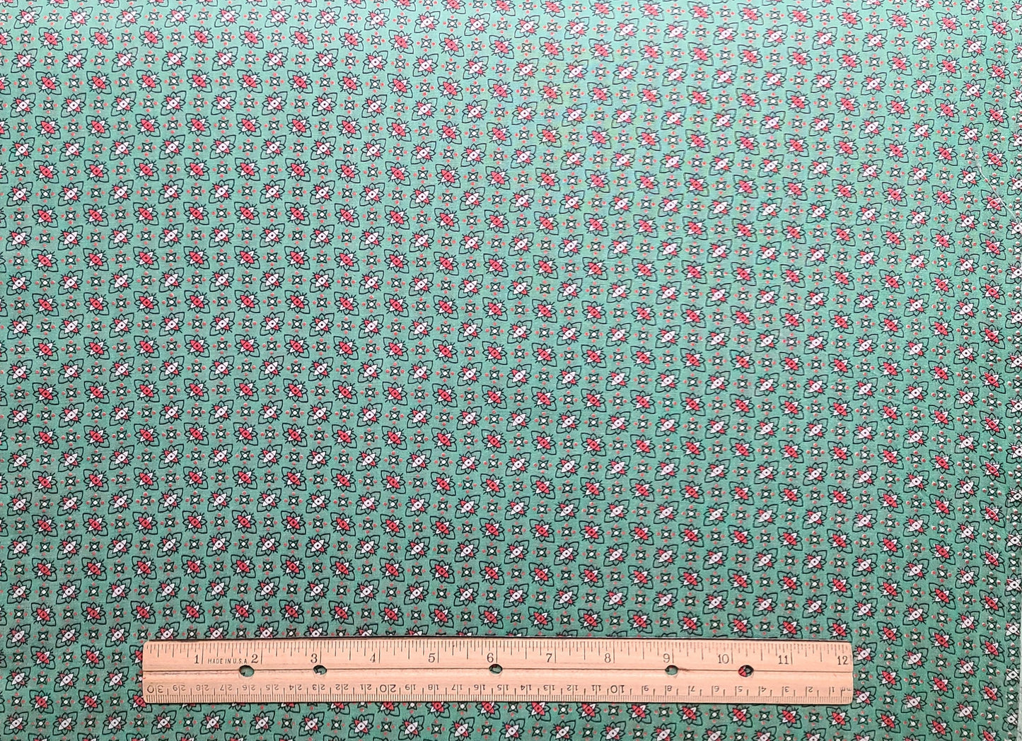 Vintage 36" WIDE Green Fabric / Red, White, Black Flower Print - Selvage to Selvage Print