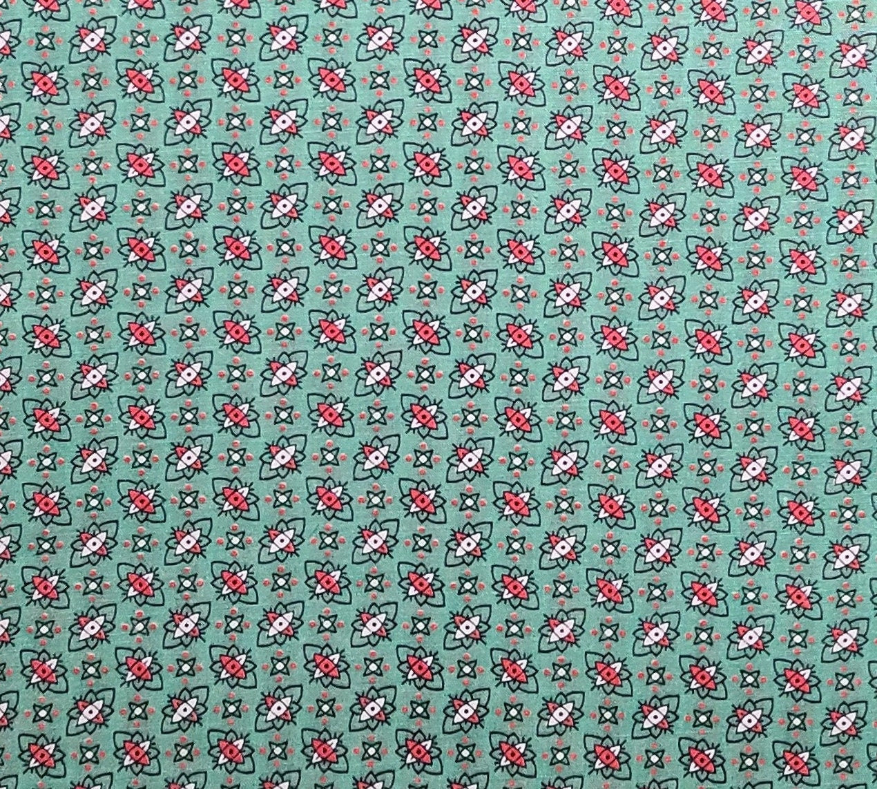 Vintage 36" WIDE Green Fabric / Red, White, Black Flower Print - Selvage to Selvage Print