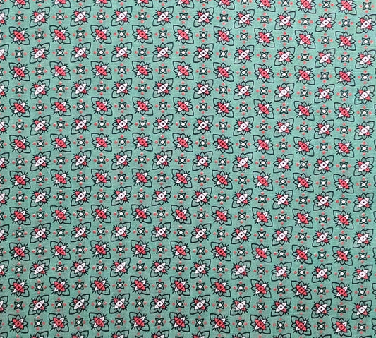 Vintage 36" WIDE Green Fabric / Red, White, Black Flower Print - Selvage to Selvage Print