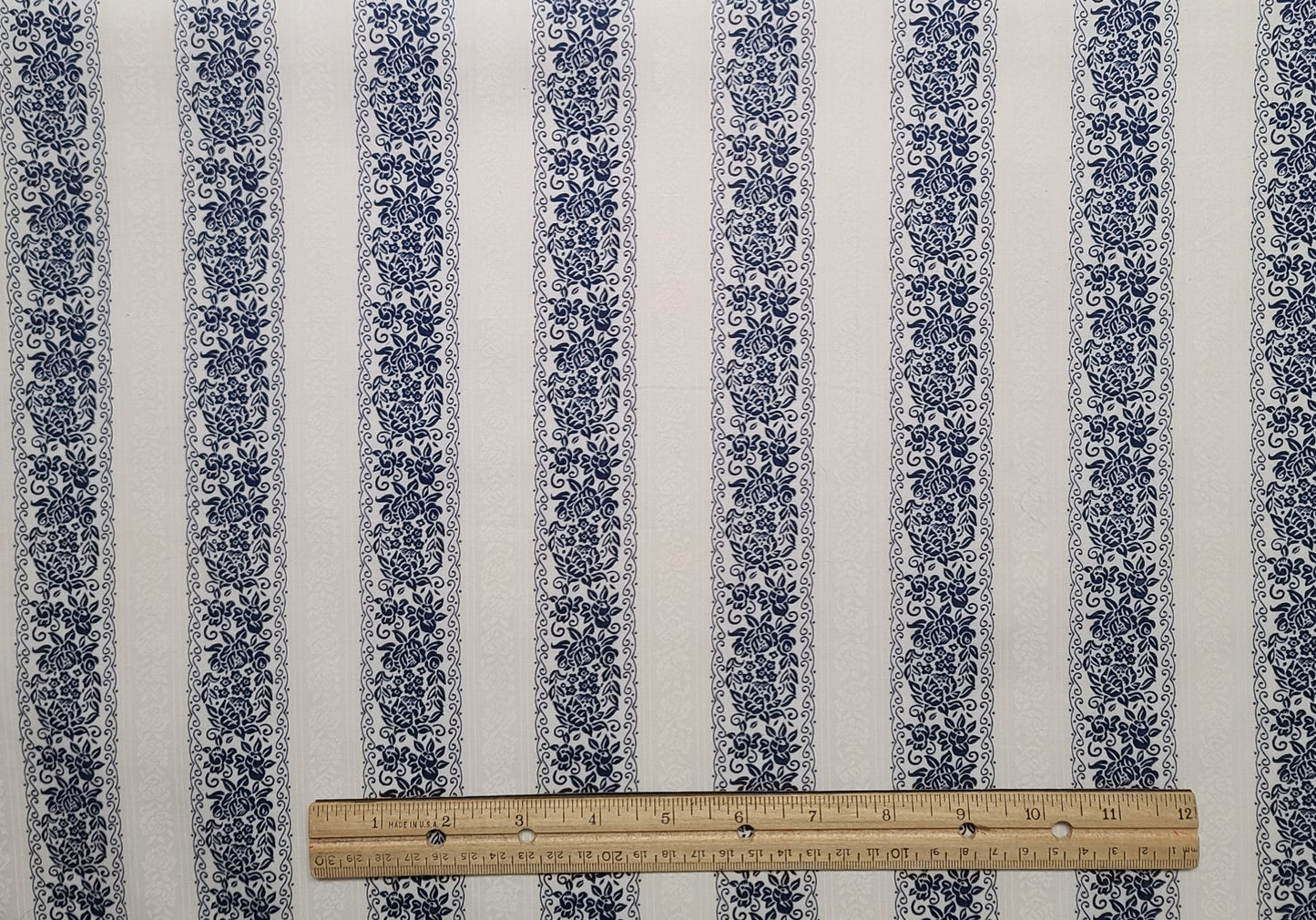 White Fabric / Dark Blue and White Flower Print Vertical Stripe (Parallel to Selvage) Fabric - Selvage to Selvage Print