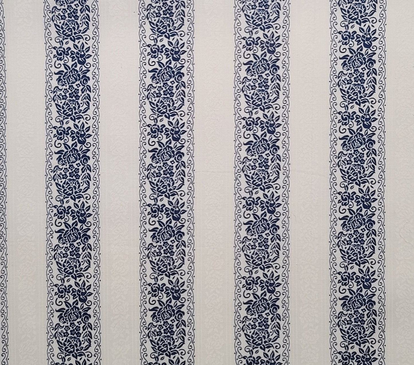 White Fabric / Dark Blue and White Flower Print Vertical Stripe (Parallel to Selvage) Fabric - Selvage to Selvage Print