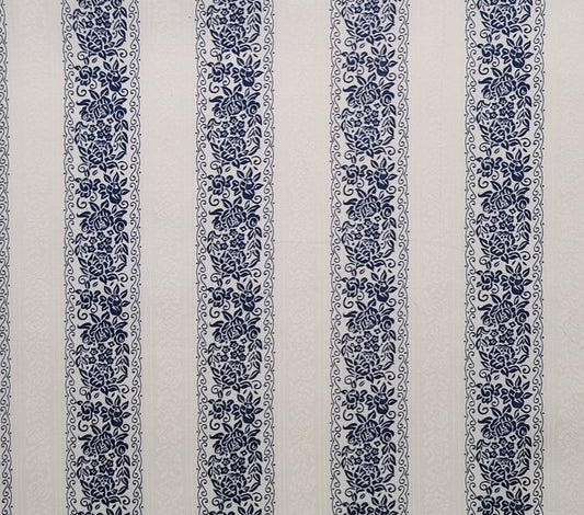 White Fabric / Dark Blue and White Flower Print Vertical Stripe (Parallel to Selvage) Fabric - Selvage to Selvage Print