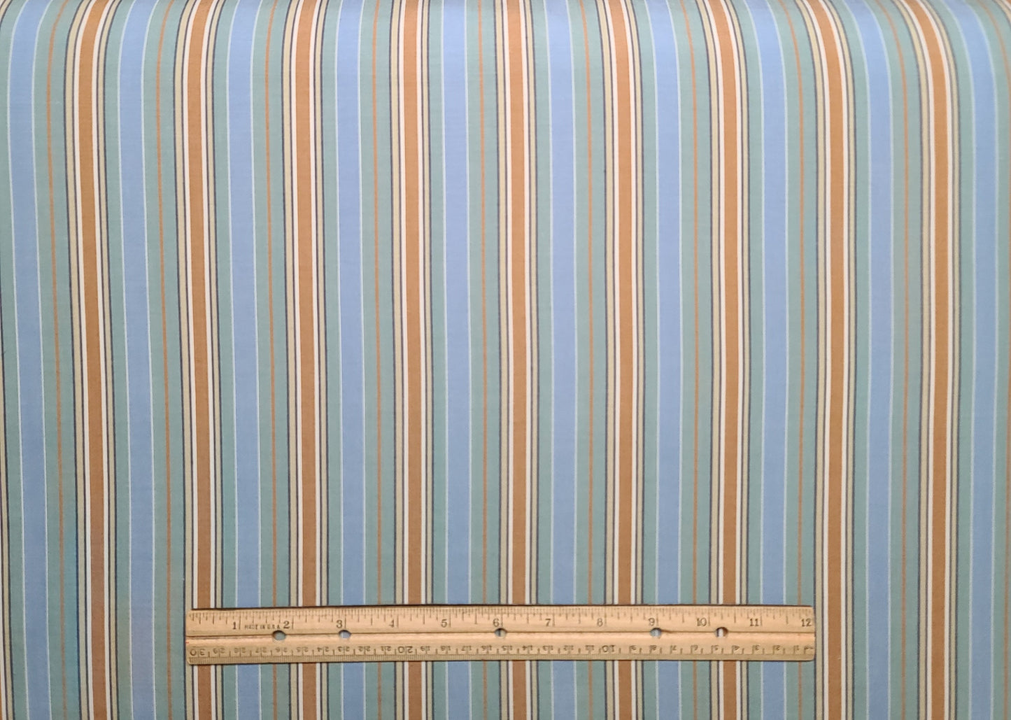 Light Blue, Aqua, Gold, Tan, White Vertical Stripe (Parallel to Selvage) Fabric - Selvage to Selvage Print