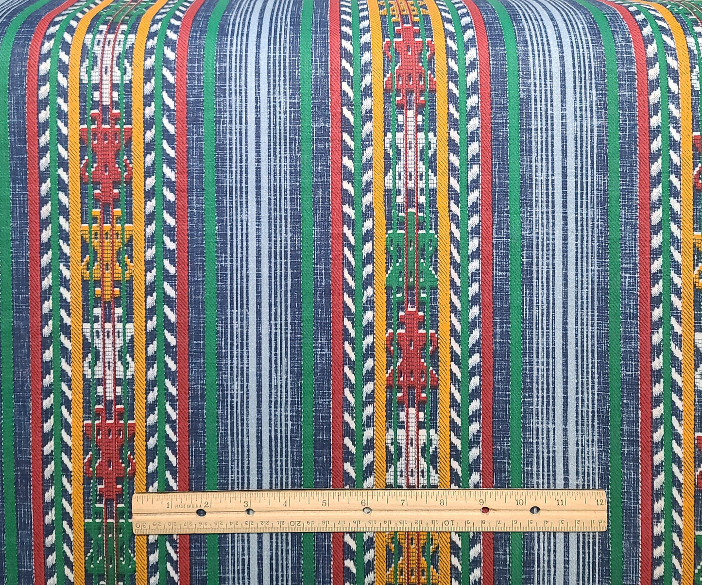 Vertical Stripe (Parallel to Selvage) Fabric - Denim Blue, White, Green, Gold - Selvage to Selvage Print