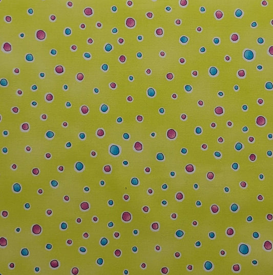 Patrick Lose for Timeless Treasures Fabrics Inc 2002 - Highlighter Green Fabric./ Bright Blue and Pink Spots