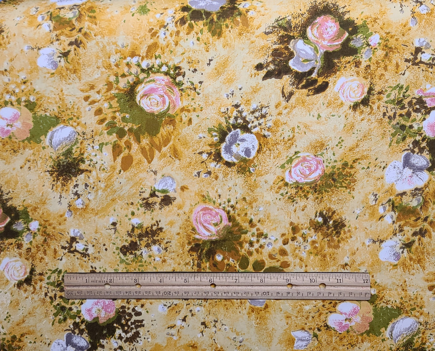 Vintage 36" WIDE Gold, Yellow Fabric / White, Pink, Gray Green Flower Print - Selvage to Selvage Print