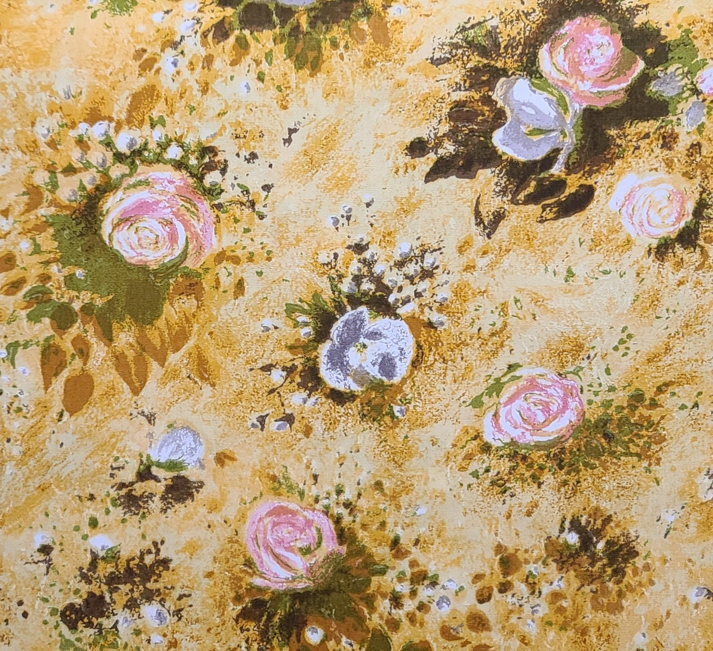 Vintage 36" WIDE Gold, Yellow Fabric / White, Pink, Gray Green Flower Print - Selvage to Selvage Print