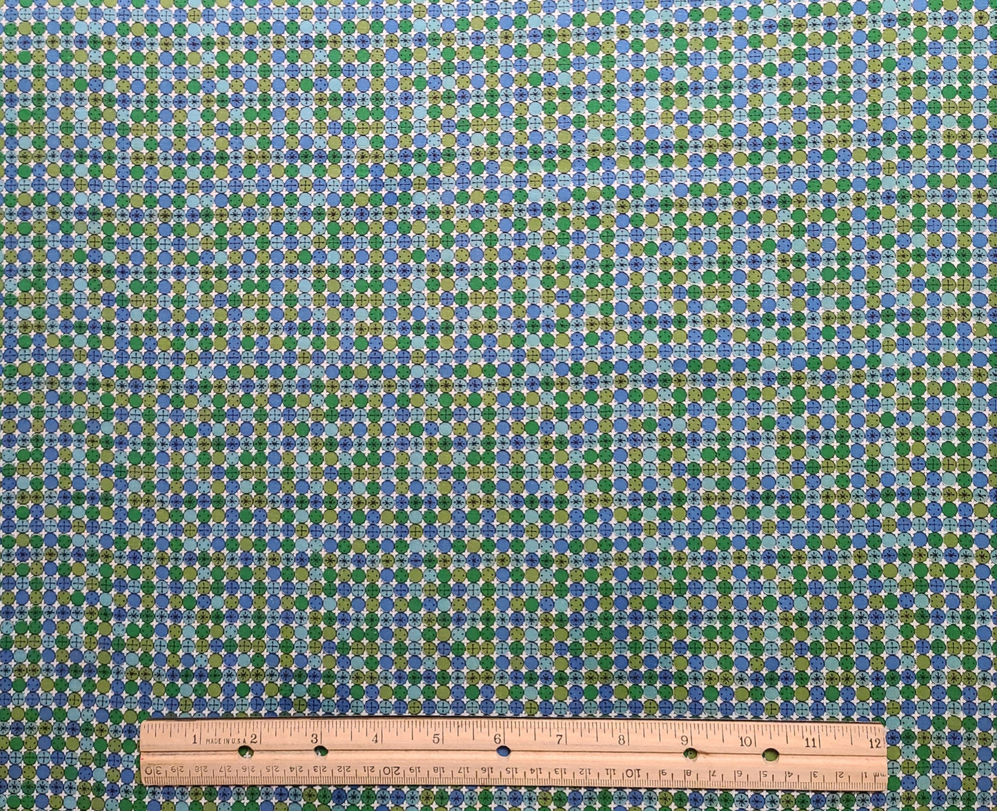 Vintage 36" WIDE White Fabric / Green, Blue, Light Teal Print - Selvage to Selvage Print