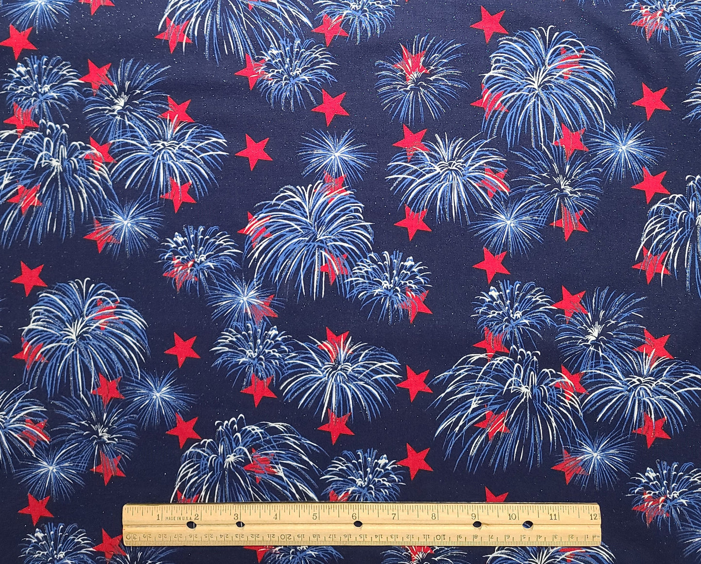 Fabric Traditions 2004 - Dark Blue Fabric / Red Stars / Blue and White Fireworks Print / Silver Metallic Accent and Frost