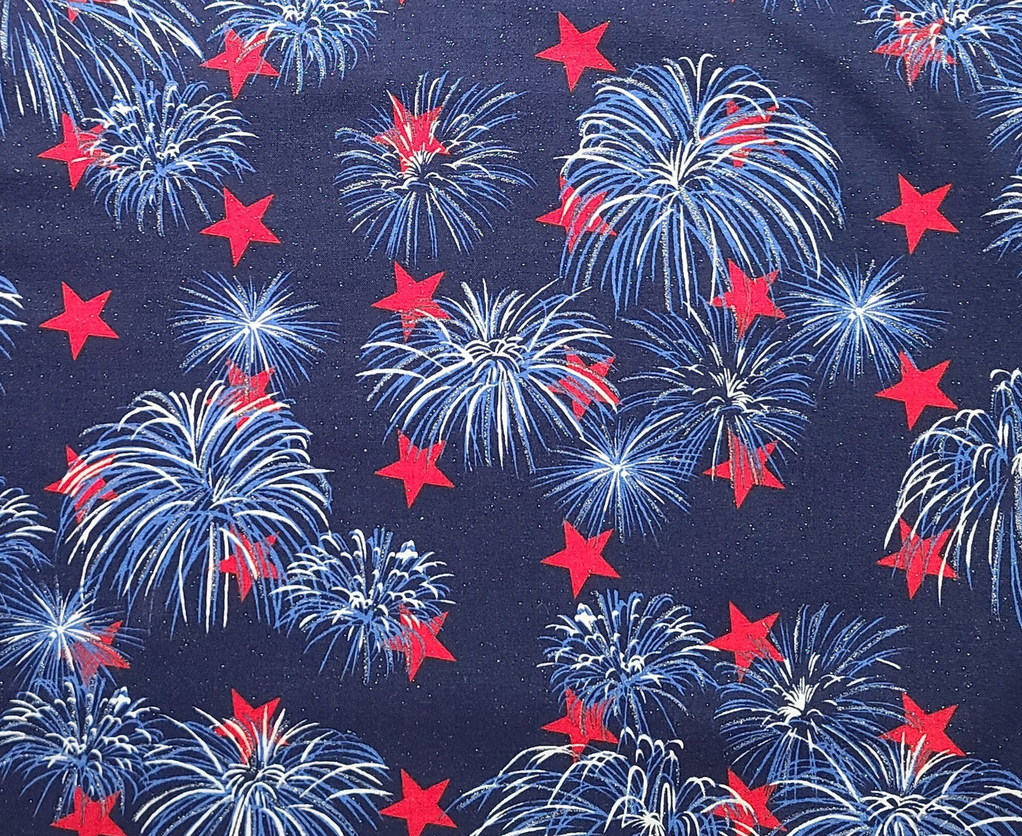 Fabric Traditions 2004 - Dark Blue Fabric / Red Stars / Blue and White Fireworks Print / Silver Metallic Accent and Frost