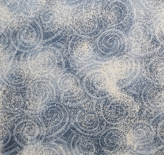 White Fabric / Denim Blue Tonal "Sponged" Pattern / Background Light Blue Tonal Spirals