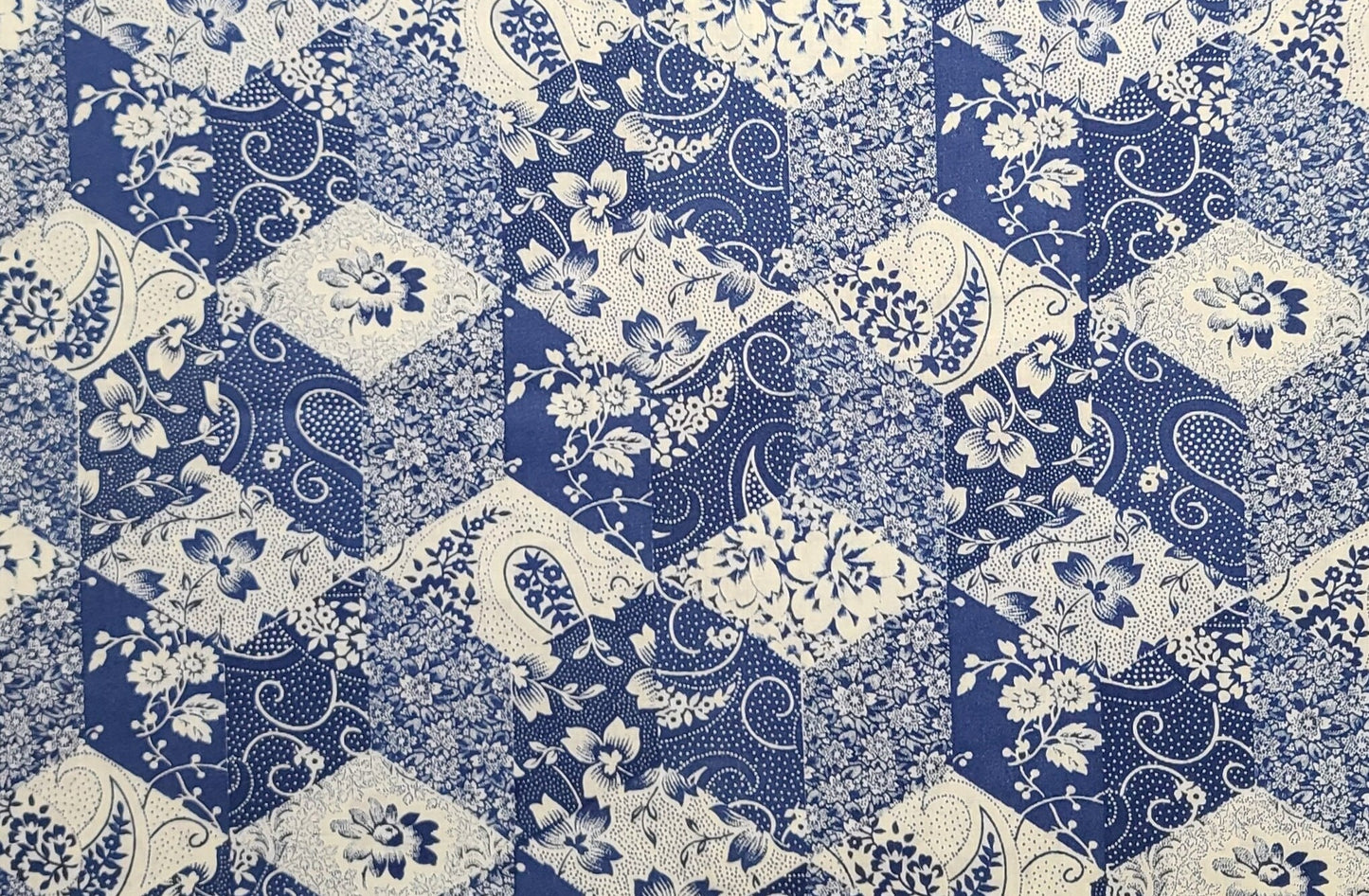 EOB - Lightweight Blue Tonal and White Chevron, Diamond, Quilt Block Cheater Cloth Fabric / Overall Flower Print - Selvage to Selvage Print