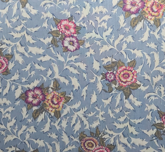 Vintage 45" WIDE Manes Fabric Co Blend Fabric - White, Blue Fabric / Pale Blue Leaf Print / Pink, Green Large Tossed Flower Print