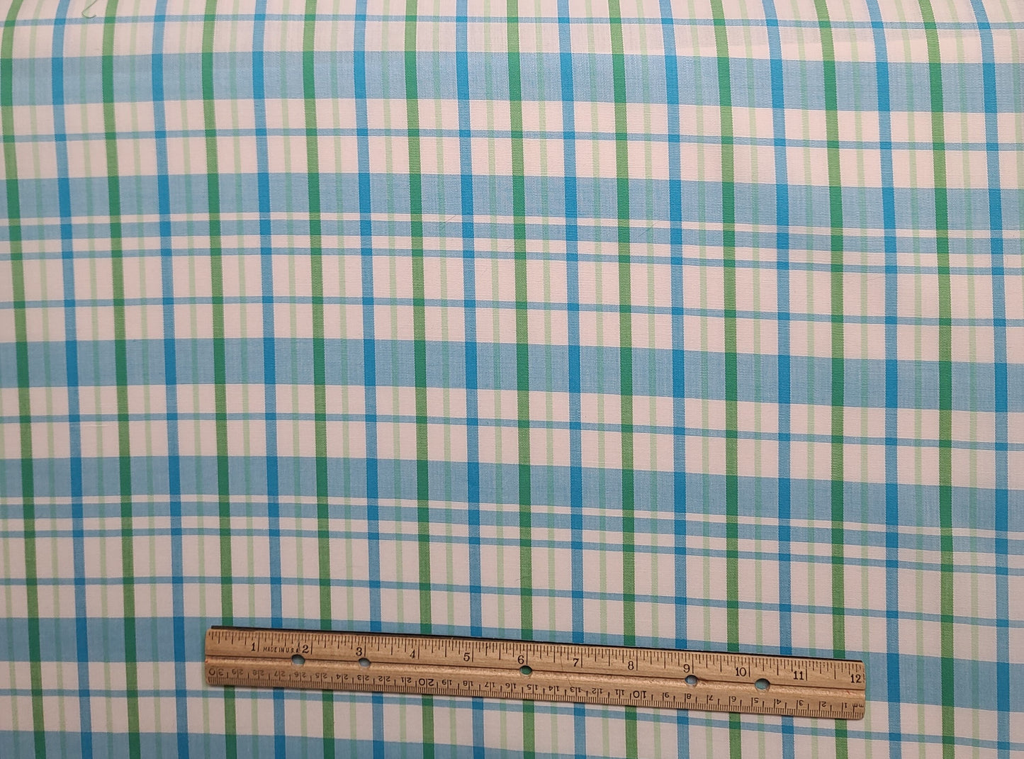 White Fabric / Bright Blue and Green Plaid - Selvage to Selvage Print