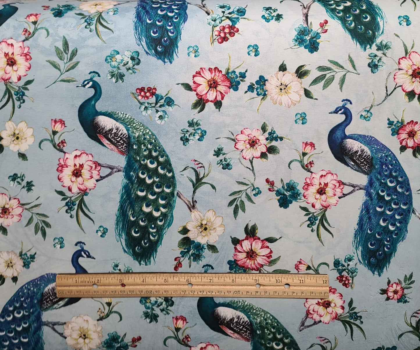 Lisa Audit Wild Apple David Textiles Inc - Light Blue Tonal Fabric / Teal, Dark Green, Pink, White, Peacock and Flower Print