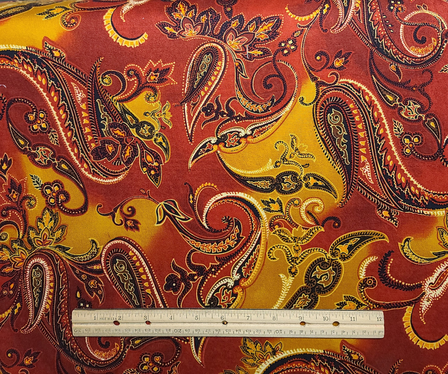 Kensington for Quilting Treasures - Dark Red Tonal Fabric / Gold, Black, Cream Large Paisley Print