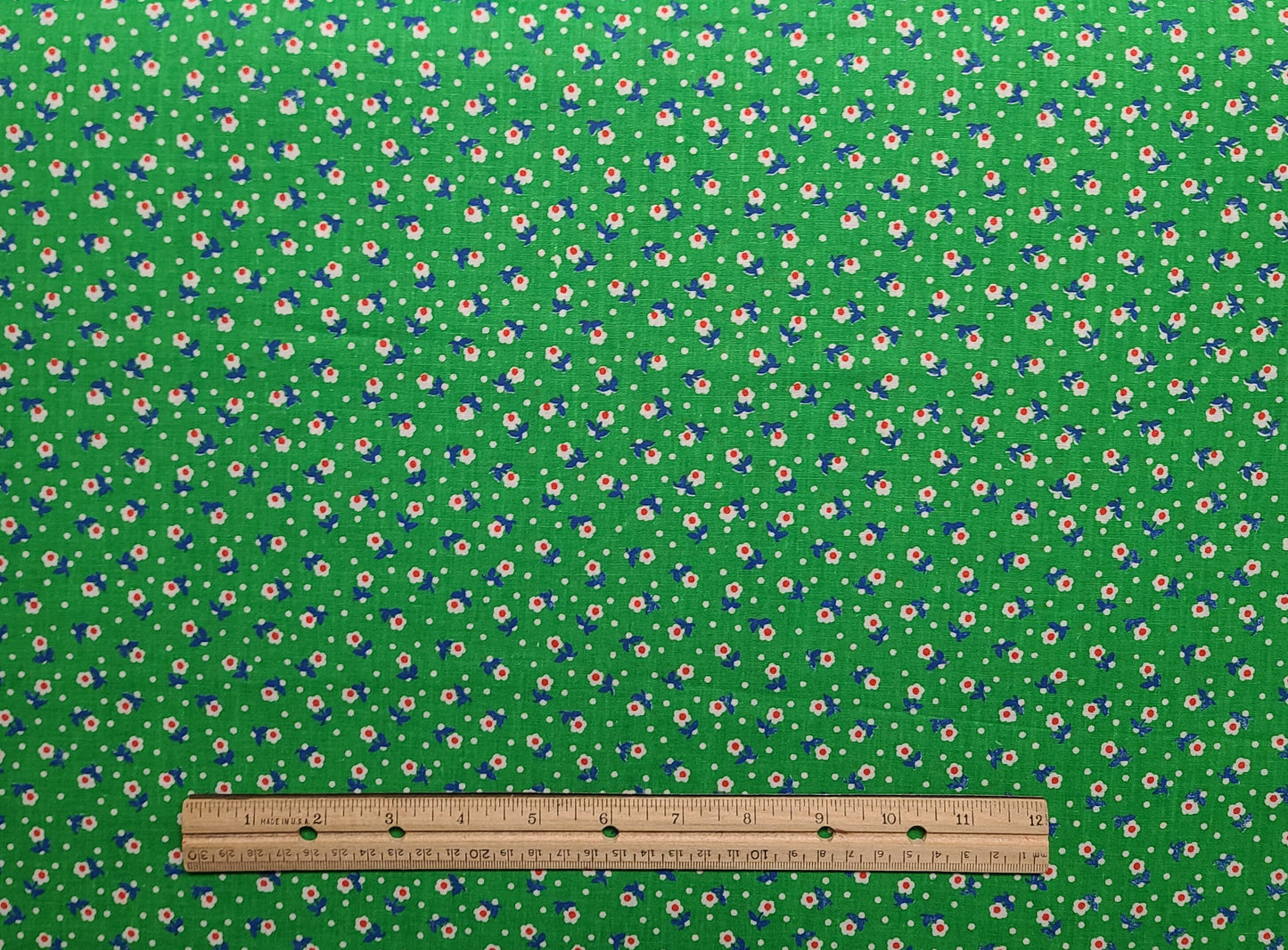 Vintage 45" WIDE Green Fabric / White, Red, Blue Flower Print - Selvage to Selvage Print