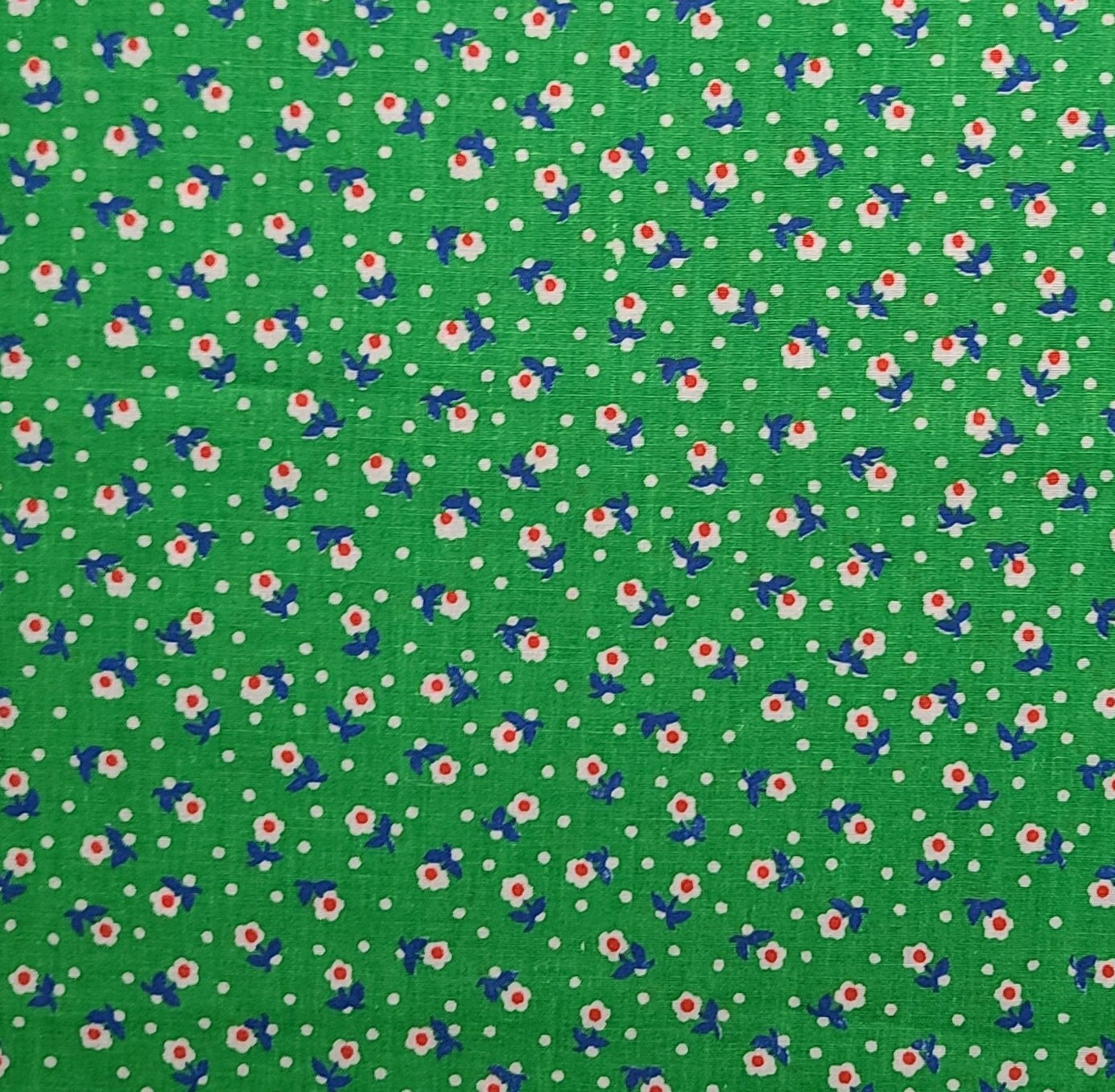 Vintage 45" WIDE Green Fabric / White, Red, Blue Flower Print - Selvage to Selvage Print