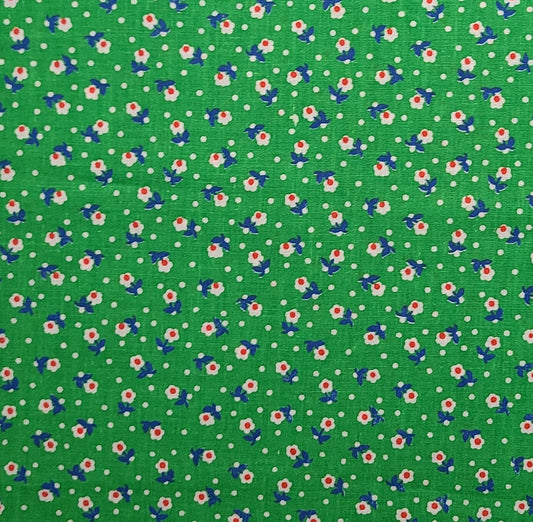 Vintage 45" WIDE Green Fabric / White, Red, Blue Flower Print - Selvage to Selvage Print