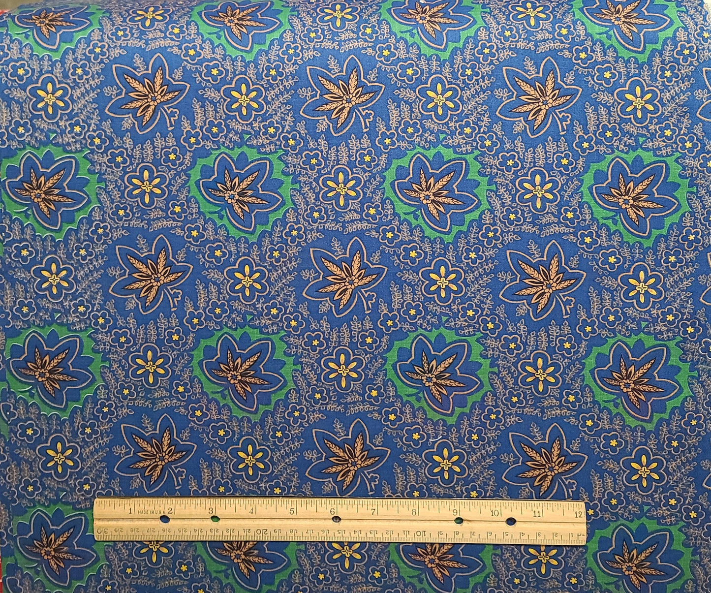 Vintage 36" WIDE Blue Fabric / Green, Tan, Yellow Flower and Leaf Print