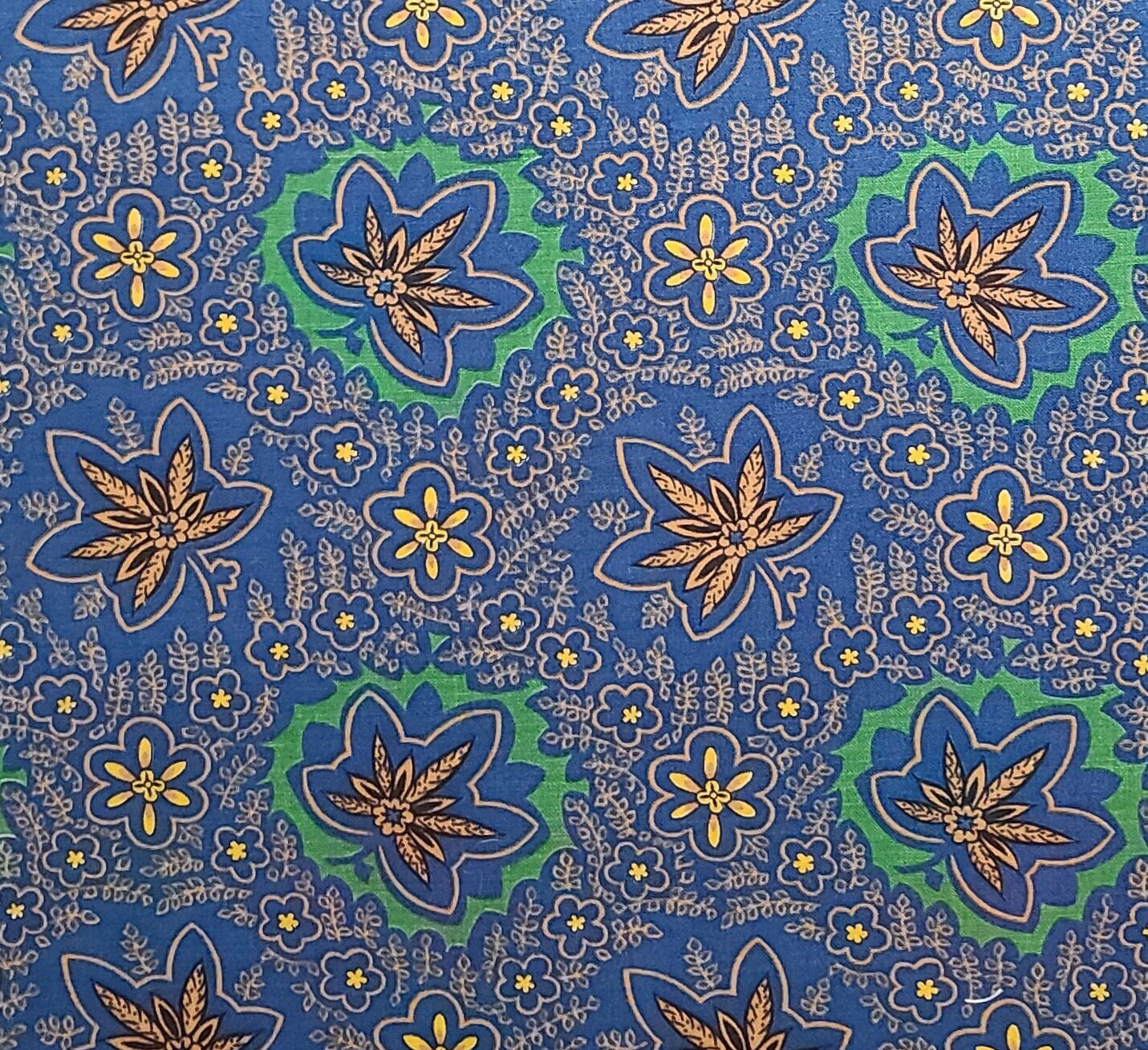 Vintage 36" WIDE Blue Fabric / Green, Tan, Yellow Flower and Leaf Print