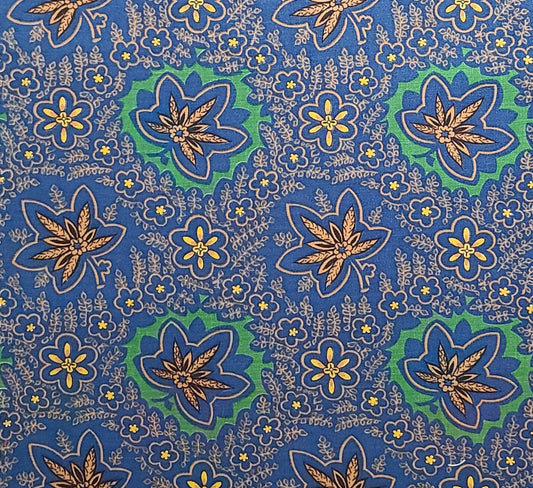 Vintage 36" WIDE Blue Fabric / Green, Tan, Yellow Flower and Leaf Print