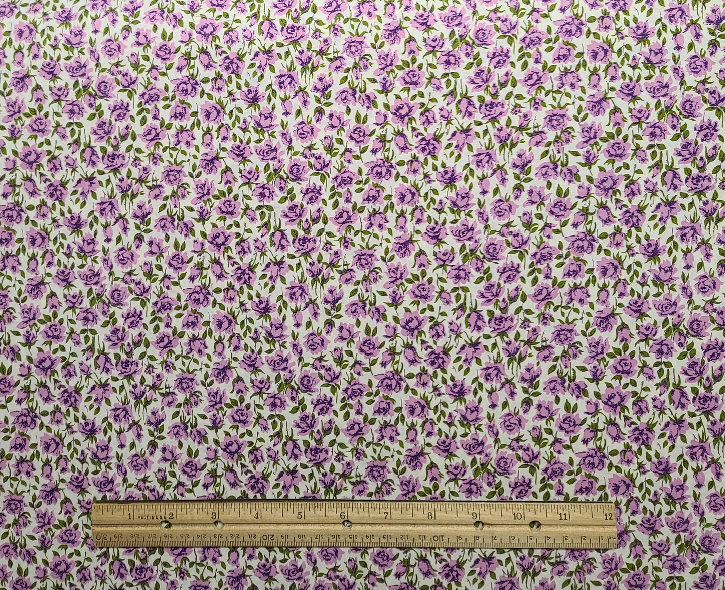 Vintage 36" WIDE White Fabric / Lavender, Orchid, Purple, Green Flower Print