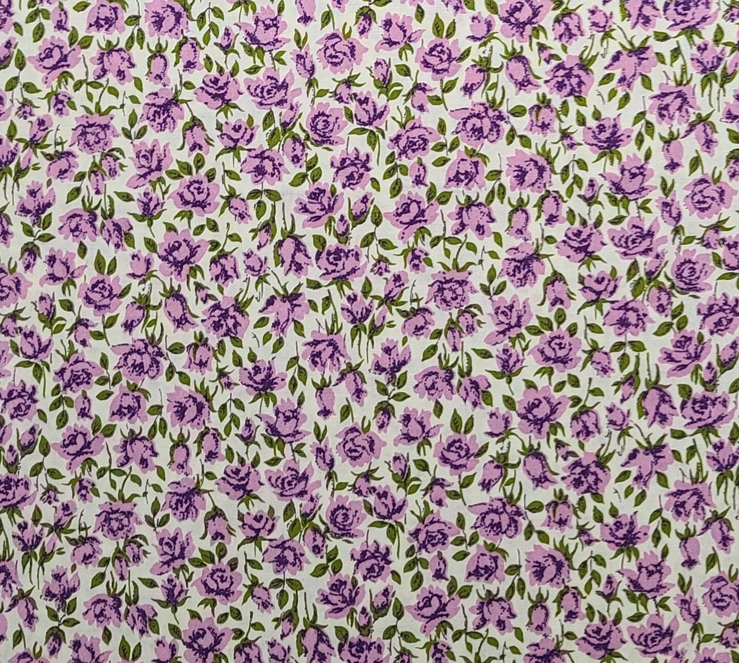 Vintage 36" WIDE White Fabric / Lavender, Orchid, Purple, Green Flower Print