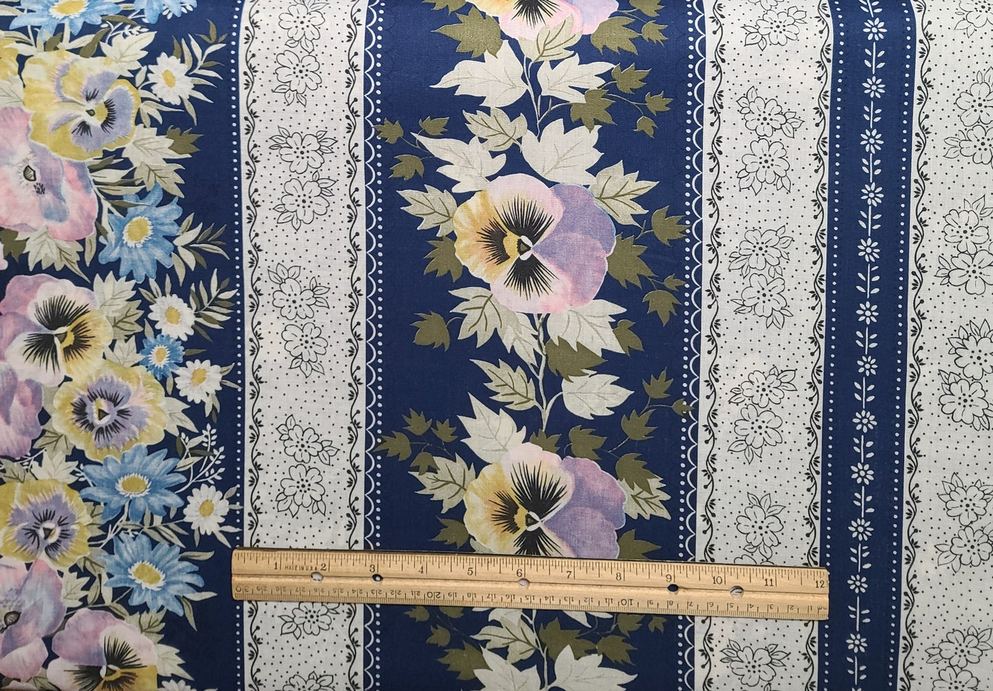 Cranston Print Works Schwartz Liebman - Multi-Wide Border Stripe - Dark Blue Fabric / White, Lavender, Yellow, Black Assorted Flower Print