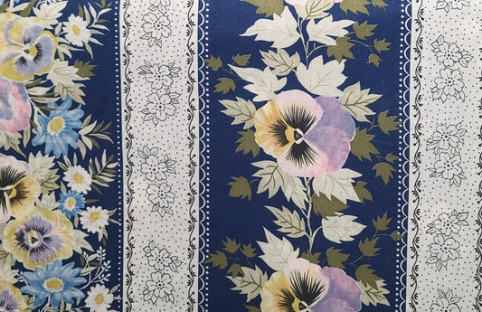 Cranston Print Works Schwartz Liebman - Multi-Wide Border Stripe - Dark Blue Fabric / White, Lavender, Yellow, Black Assorted Flower Print