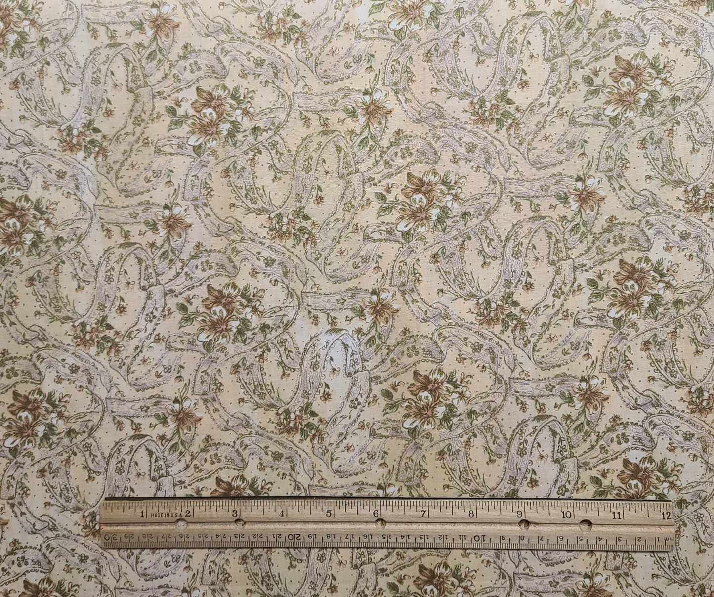 Peter Pan Fabrics - Beige Tonal Fabric / Antique Green Metallic and Gold Leaf / Rose, Lavender Lace, Ribbon and Flower Print