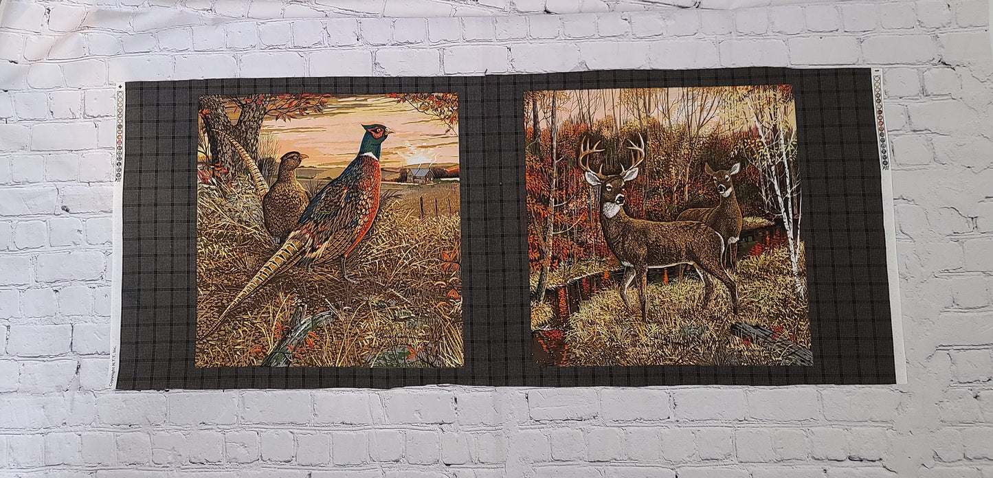 PANEL - Ruane Manning for Fabric Traditions 1999 - Black and Tan Plaid Sashing / Earthtone Pheasant and White Tail Deer