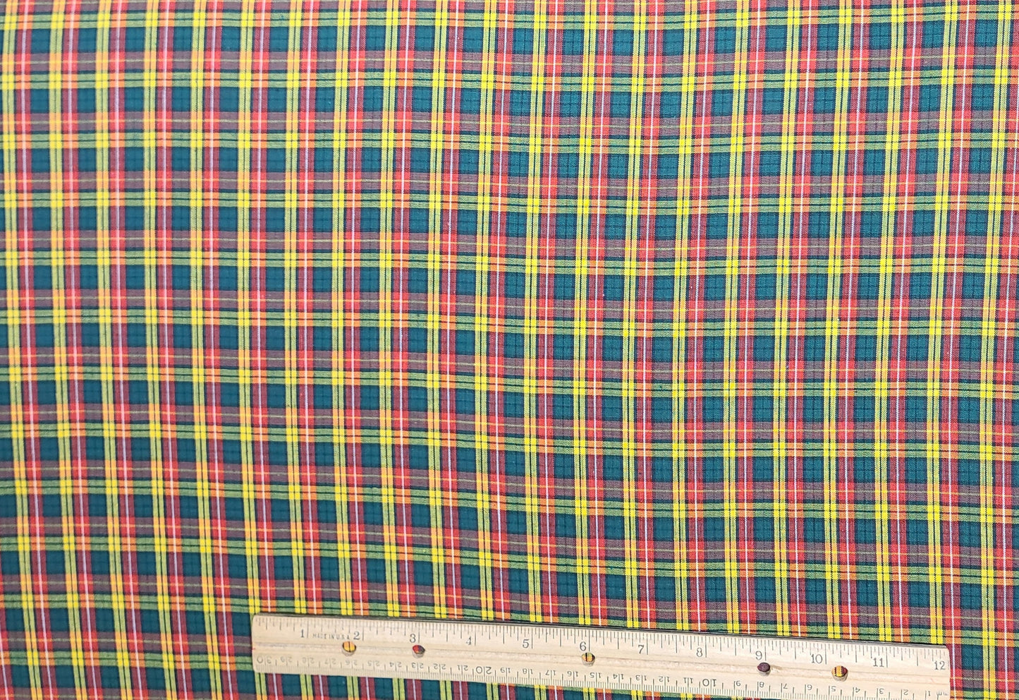 Vintage 45" WIDE Red, Green, Yellow Plaid Shirtweight Fabric