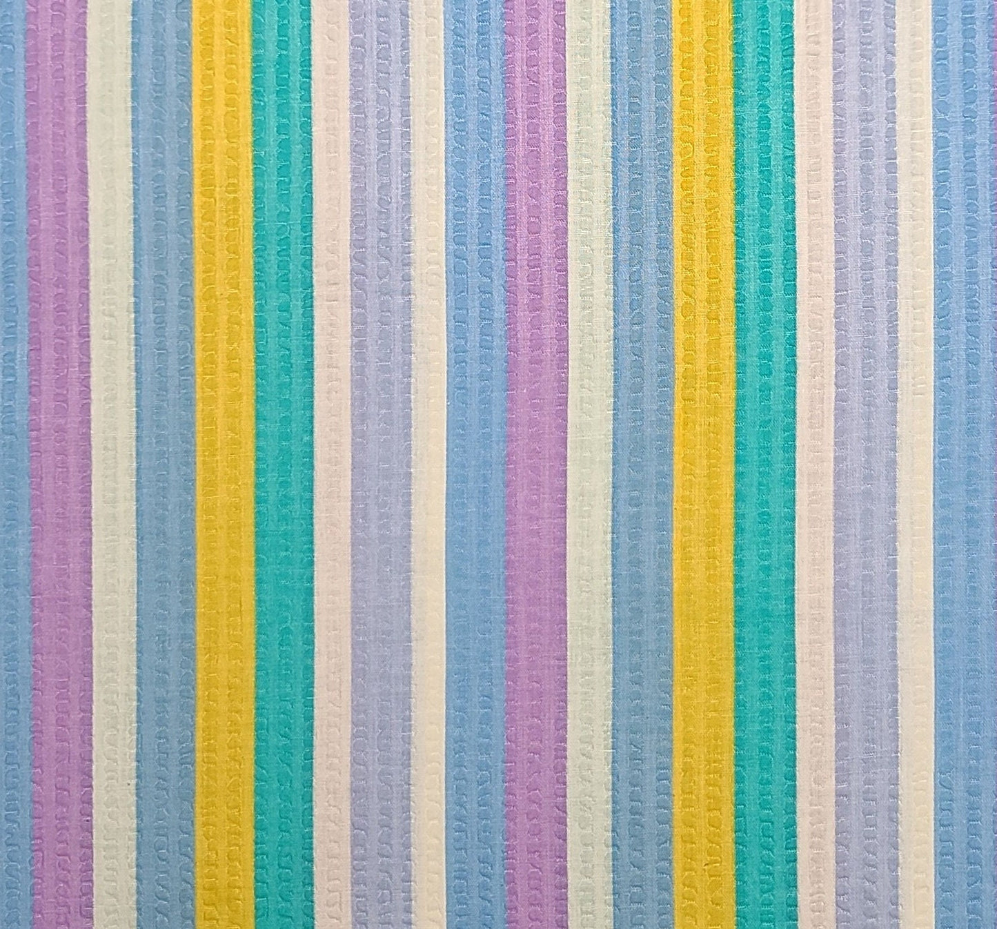 Vintage Crinkle Cotton Vertical Stripe (Parallel to Selvage) Fabric - Orchid, Lavender, White, Aqua, Pale Blue - Selvage to Selvage Print