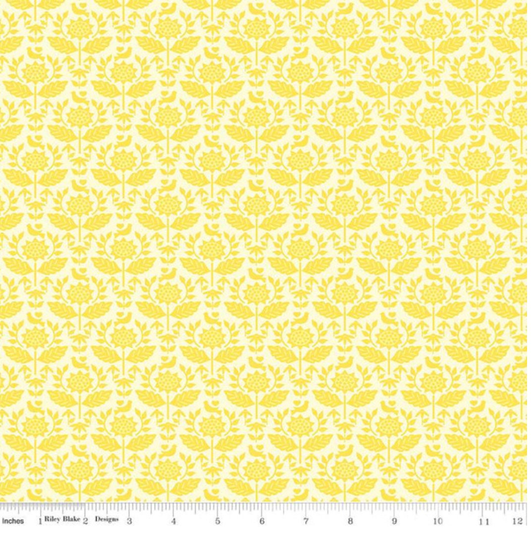 Riley Blake Designs Pattern C14632-SUN - Sunny Skies Style by Jill Finley - Sun - Yellow - Cream Fabric / Damask Pattern with Sunflowers