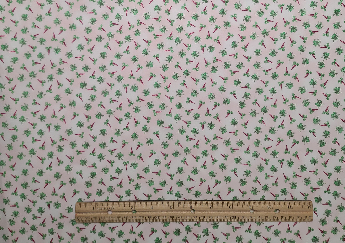 Beatrix Potter Frederick Warne & Co 2007 Quilting Treasures by Cranston - White, Pale Pink Tonal Fabric / Tossed Carrot Top Print