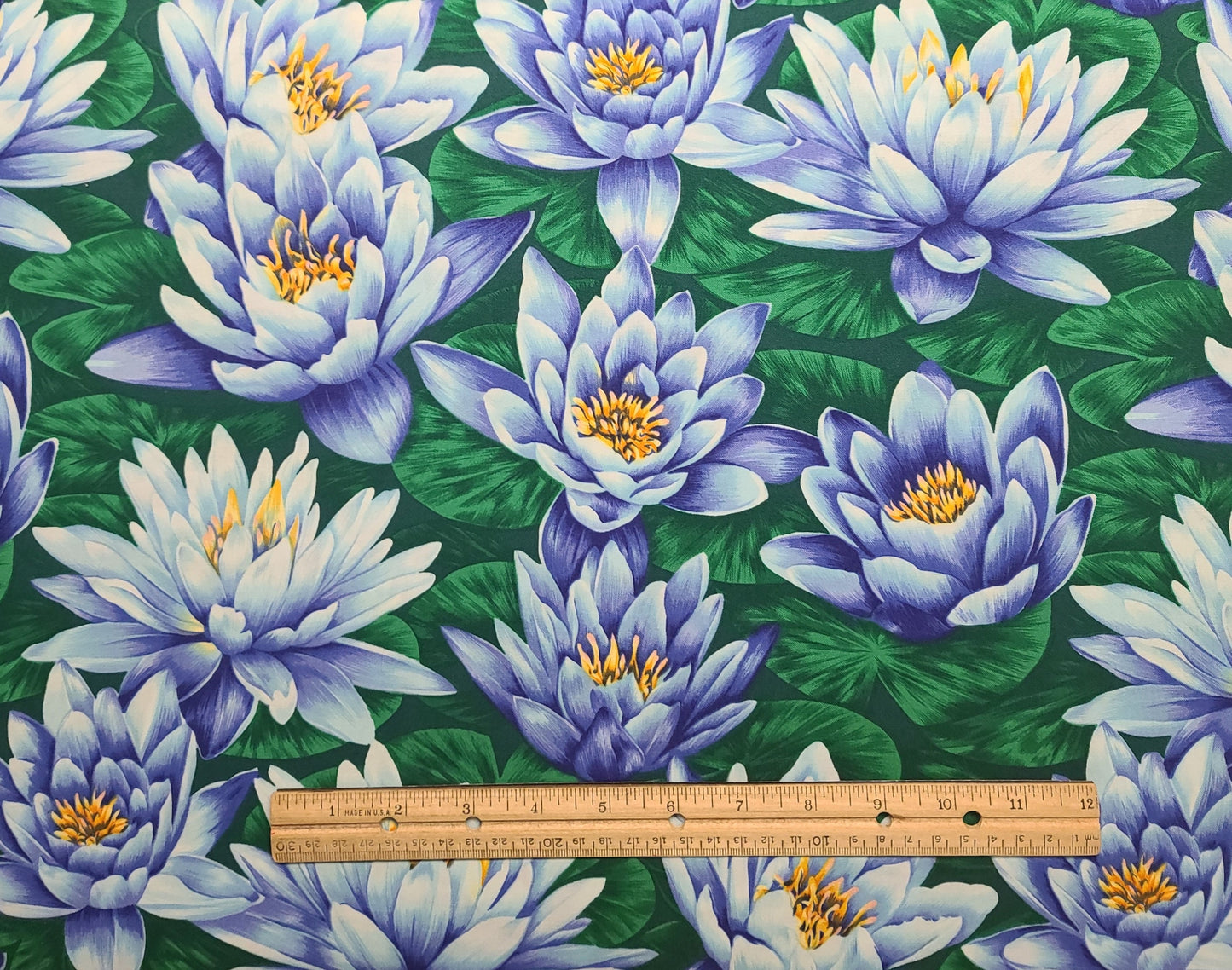 EOB - Water Lillies London England Maggie and Sharon for Moda - Green, Blue, Gold Water Lily Print Fabric