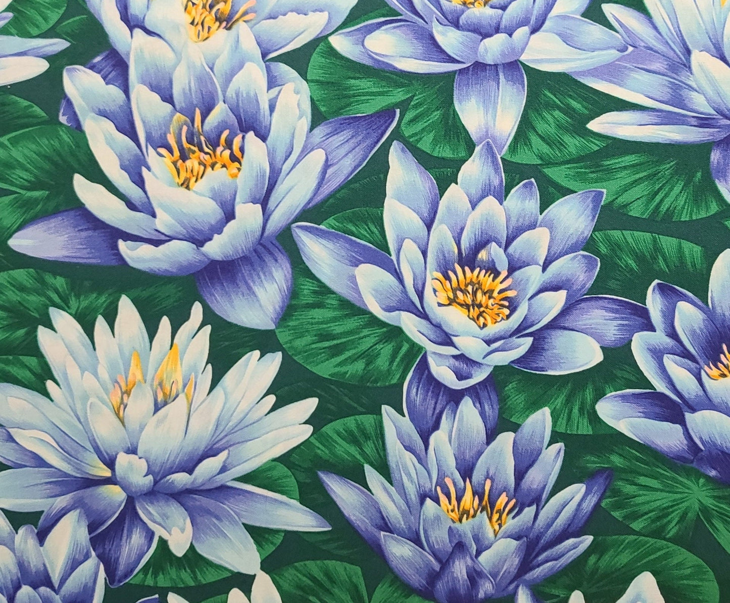 EOB - Water Lillies London England Maggie and Sharon for Moda - Green, Blue, Gold Water Lily Print Fabric